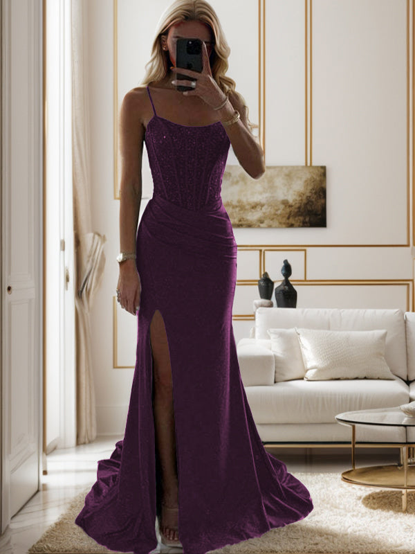 Sheath Spaghetti Straps Pleated Sweep Train Silk Like Satin Corset Dress