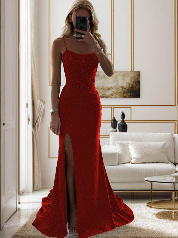 Sheath Spaghetti Straps Pleated Sweep Train Silk Like Satin Corset Dress