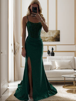 Sheath Spaghetti Straps Pleated Sweep Train Silk Like Satin Corset Dress