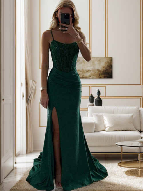 Sheath Spaghetti Straps Pleated Sweep Train Silk Like Satin Corset Dress