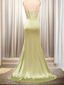 Sheath Spaghetti Straps Pleated Sweep Train Silk like Satin Corset Dress