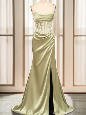 Sheath Spaghetti Straps Pleated Sweep Train Silk like Satin Corset Dress
