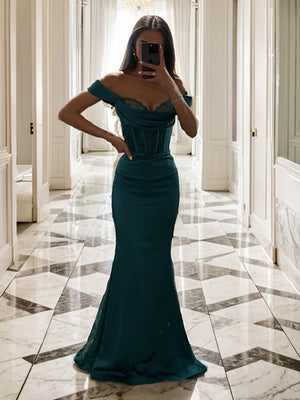 Sheath Off-the-Shoulder Pleated Floor-Length Silk Like Satin Corset Dress
