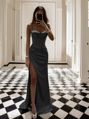 Sheath Spaghetti Straps Pleated Sweep Train Silk Like Satin Corset Dress