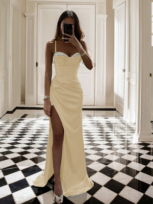 Sheath Spaghetti Straps Pleated Sweep Train Silk Like Satin Corset Dress