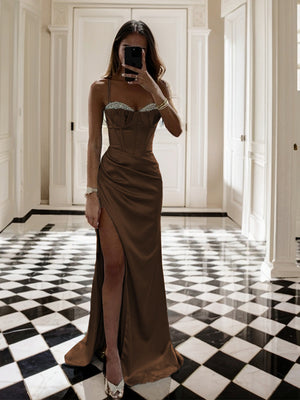 Sheath Spaghetti Straps Pleated Sweep Train Silk Like Satin Corset Dress