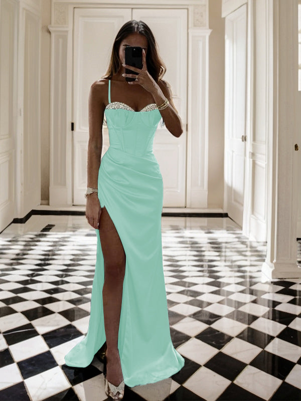 Sheath Spaghetti Straps Pleated Sweep Train Silk Like Satin Corset Dress