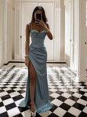 Sheath Spaghetti Straps Pleated Sweep Train Silk Like Satin Corset Dress