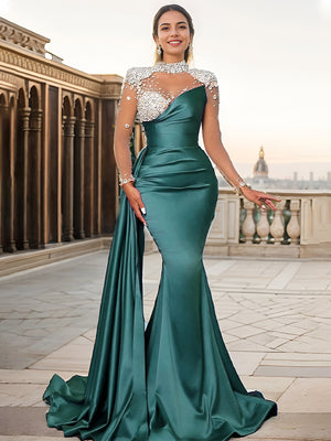 Sheath High Neck Long Sleeves Rhinestone Sweep Train Silk like Satin Dress