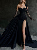 A-line One-Shoulder Appliques Lace Court Train Satin Chiffon Corset Dress