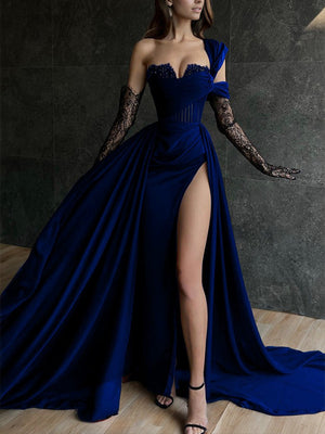 A-line One-Shoulder Appliques Lace Court Train Satin Chiffon Corset Dress