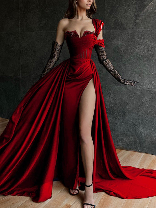 A-line One-Shoulder Appliques Lace Court Train Satin Chiffon Corset Dress