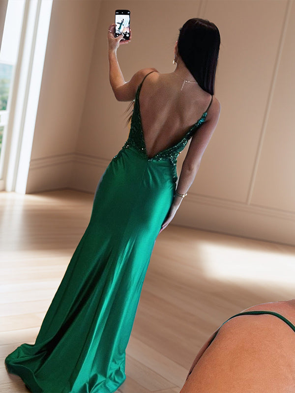 Sheath V-neck Appliques Lace Sweep Train Silk Like Satin Dress