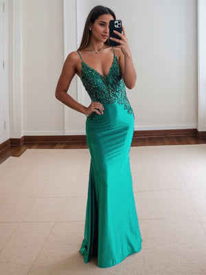 Sheath V-neck Appliques Lace Sweep Train Silk Like Satin Dress