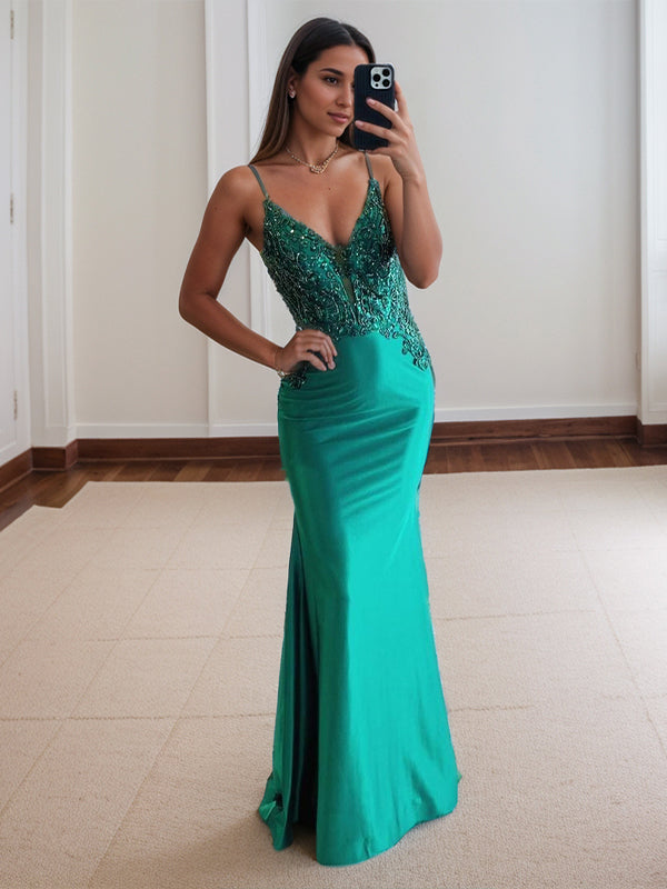 Sheath V-neck Appliques Lace Sweep Train Silk Like Satin Dress