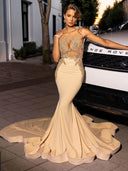 Mermaid Scoop Appliques Lace Chapel Train Jersey Dress