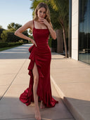 Sheath Spaghetti Straps Ruffles Sweep Train Silk Like Satin Dress