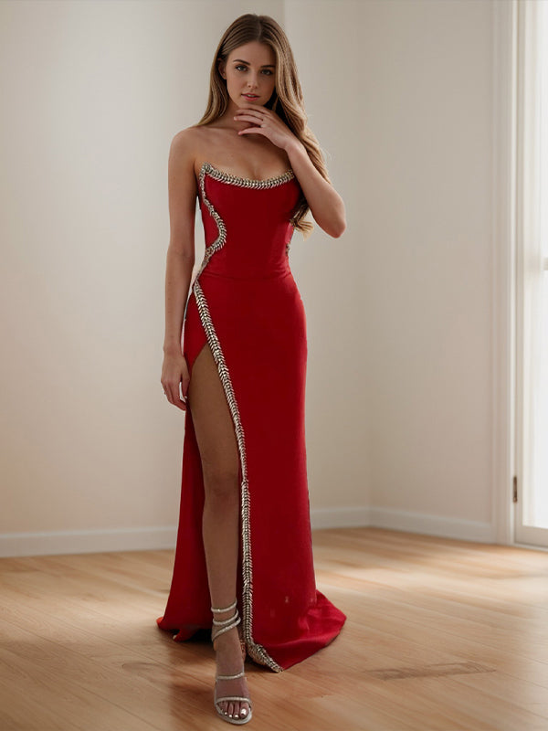 Sheath Straight Rhinestone Floor-Length Stretch Crepe Dress