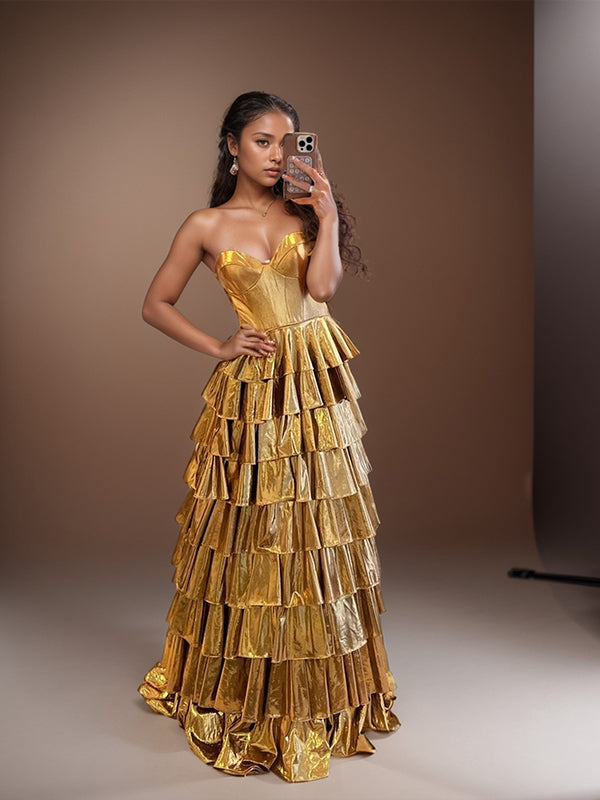 A-line Sweetheart Cascading Ruffles Sweep Train Dress