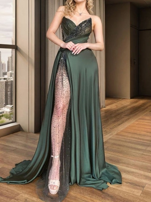 A-line Sweetheart Beading Court Train Silk Like Satin Dress