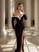 Sheath Off-the-Shoulder Long Sleeves Beading Floor-Length Stretch Crepe Dress