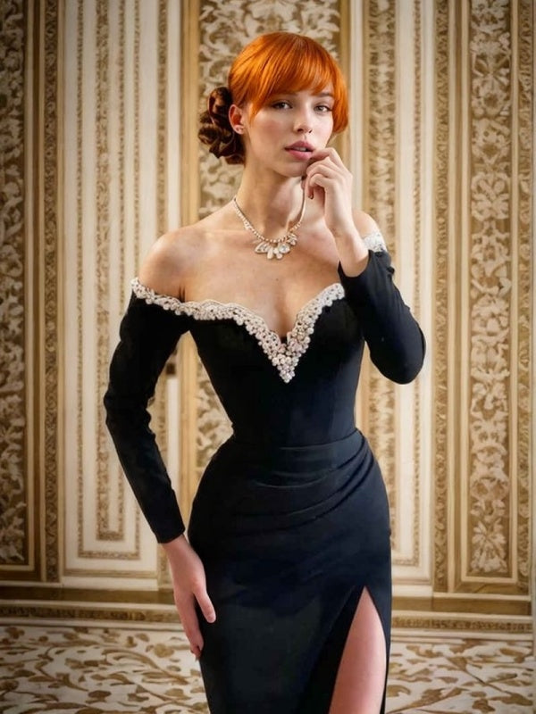 Sheath Off-the-Shoulder Long Sleeves Beading Floor-Length Stretch Crepe Dress