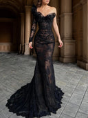 Sheath One-Shoulder Long Sleeves Sweep Train Lace Corset Dress