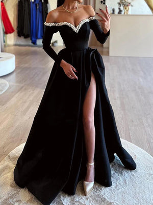 A-line Off-the-Shoulder Long Sleeves Beading Floor-Length Satin Dress