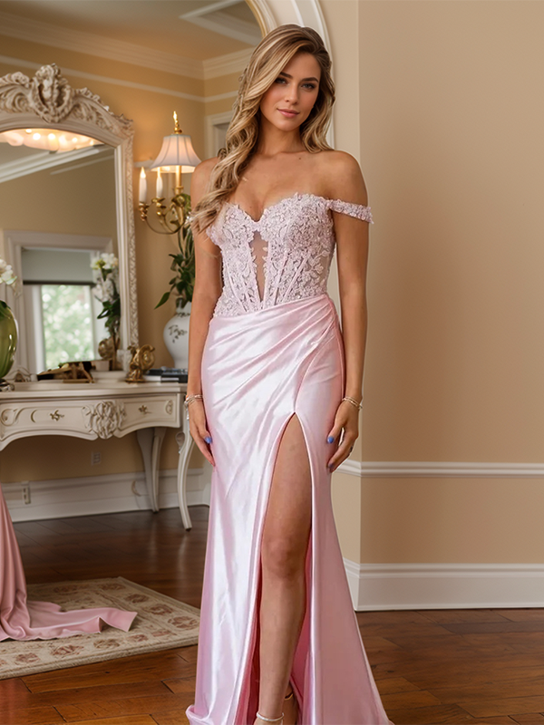 Sheath Off-the-Shoulder Appliques Lace Court Train Silk Like Satin Corset Dress