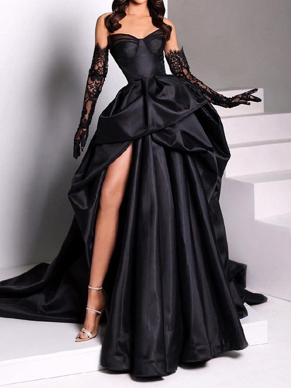 A-line Sweetheart Pleated Chapel Train Satin Dress