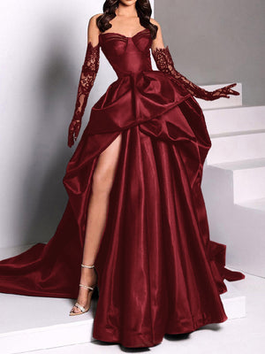 A-line Sweetheart Pleated Chapel Train Satin Dress