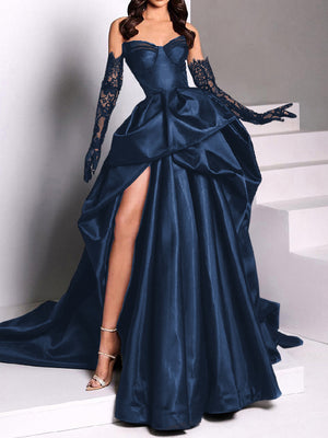 A-line Sweetheart Pleated Chapel Train Satin Dress