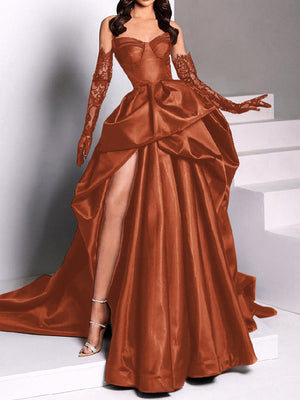 A-line Sweetheart Pleated Chapel Train Satin Dress