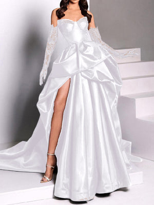 A-line Sweetheart Pleated Chapel Train Satin Dress