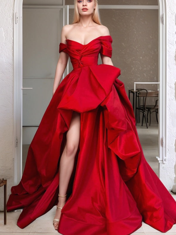 A-line Off-the-Shoulder Pleated Sweep Train Satin Dress