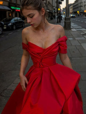 A-line Off-the-Shoulder Pleated Sweep Train Satin Dress