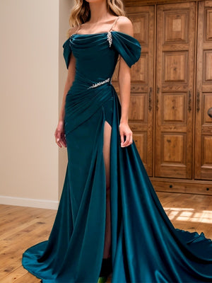 Sheath Cold Shoulder Pleated Court Train Silk Like Satin Dress