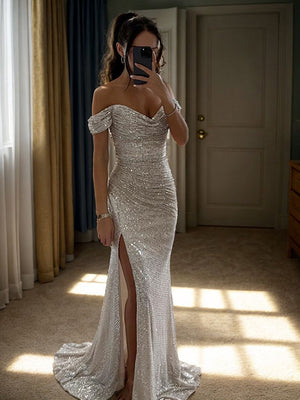 Sheath Off-the-Shoulder Pleated Sweep Train Dress