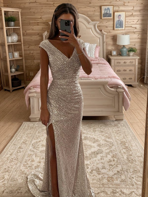 Sheath V-neck Pleated Sweep Train Dress