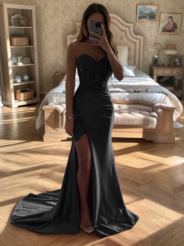 Sheath Sweetheart Pleated Court Train Silk Like Satin Dress