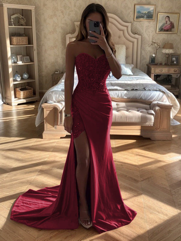 Sheath Sweetheart Pleated Court Train Silk Like Satin Dress