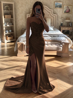 Sheath Sweetheart Pleated Court Train Silk Like Satin Dress