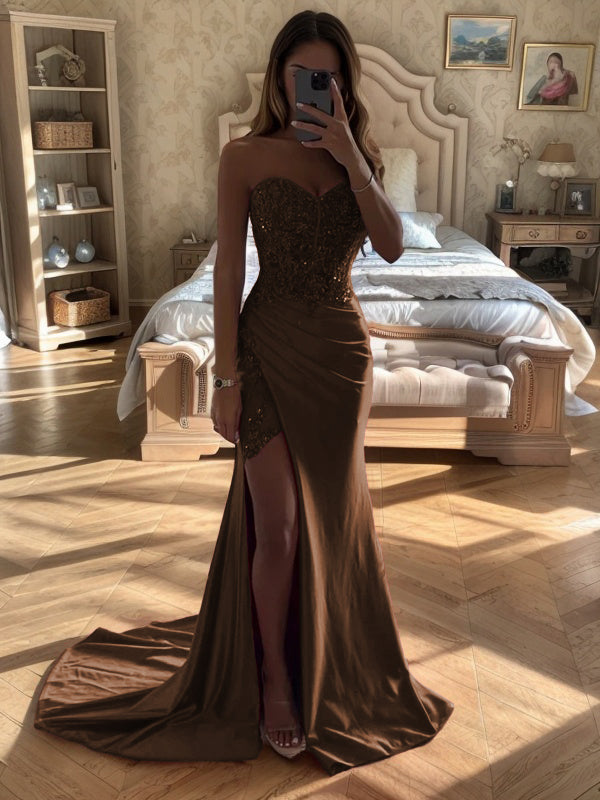 Sheath Sweetheart Pleated Court Train Silk Like Satin Dress