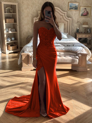 Sheath Sweetheart Pleated Court Train Silk Like Satin Dress