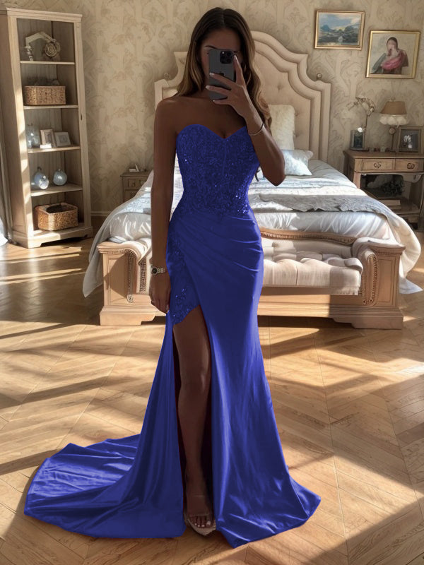 Sheath Sweetheart Pleated Court Train Silk Like Satin Dress