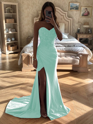 Sheath Sweetheart Pleated Court Train Silk Like Satin Dress