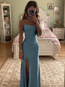 Sheath Spaghetti Straps Pleated Floor-Length Silk like Satin Dress