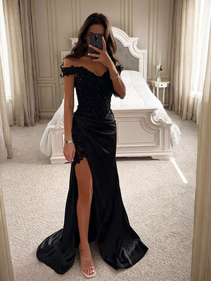 Sheath Off-the-Shoulder Appliques Lace Sweep Train Silk Like Satin Dress