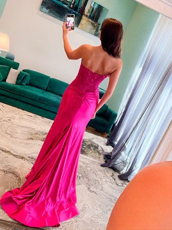 Sheath Straight Pleated Sweep Train Silk Like Satin Corset Dress