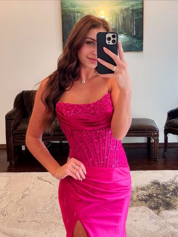 Sheath Straight Pleated Sweep Train Silk Like Satin Corset Dress